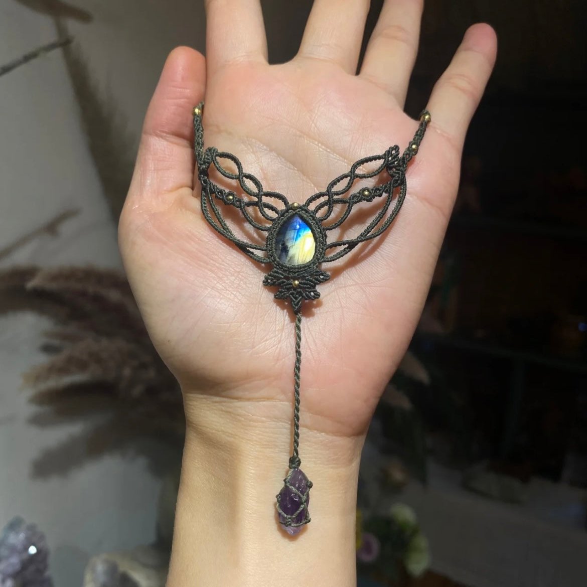 Starlit Reflection - Labradorite and amethyst woven pendant