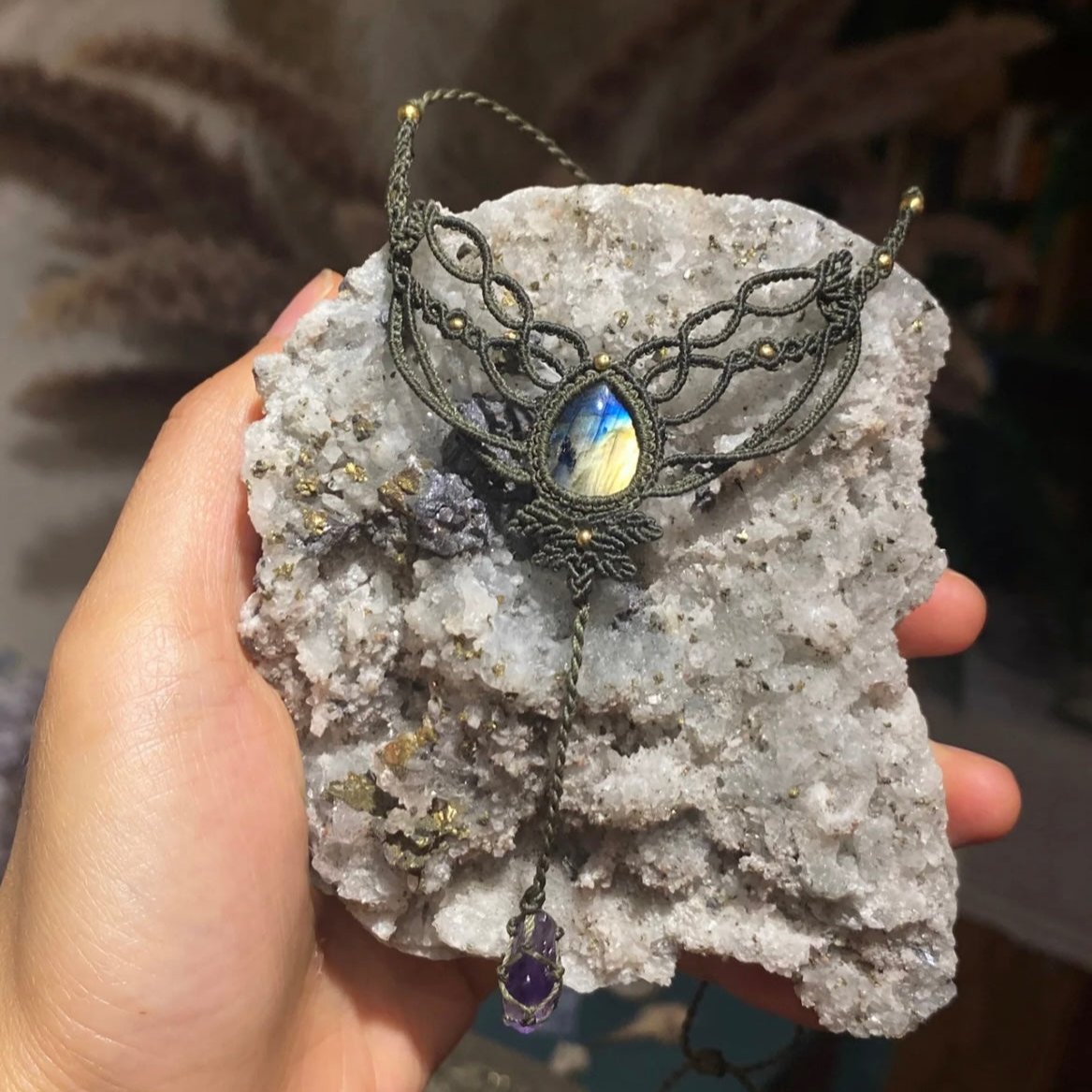 Starlit Reflection - Labradorite and amethyst woven pendant