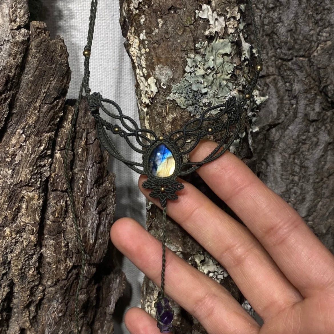 Starlit Reflection - Labradorite and amethyst woven pendant