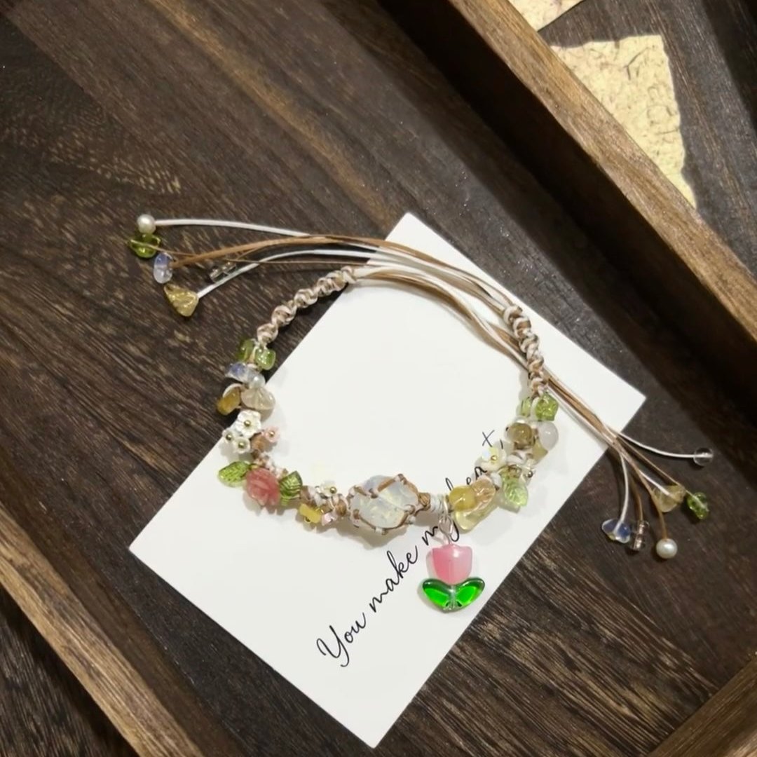 Breath of Life - Woven Bracelet of White Crystal, Flowers, and Leaves