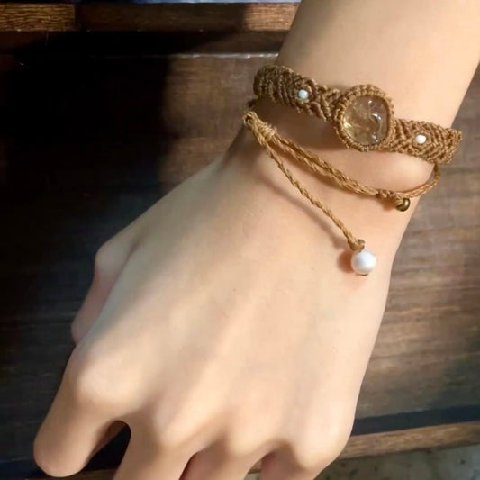 Golden Rhythm - Yellow Crystal and Pearl Braided Bracelet