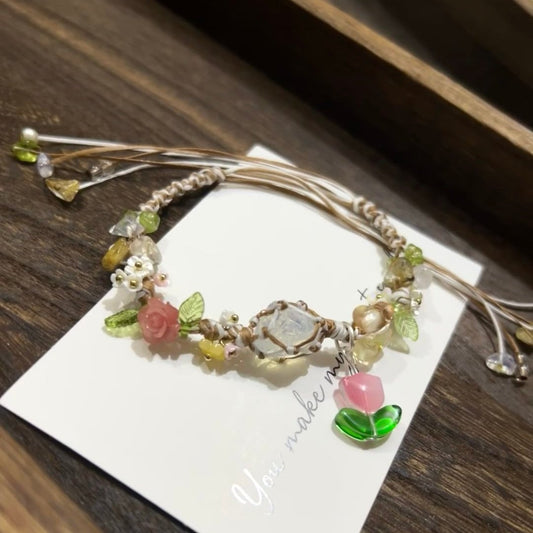 Breath of Life - Woven Bracelet of White Crystal, Flowers, and Leaves
